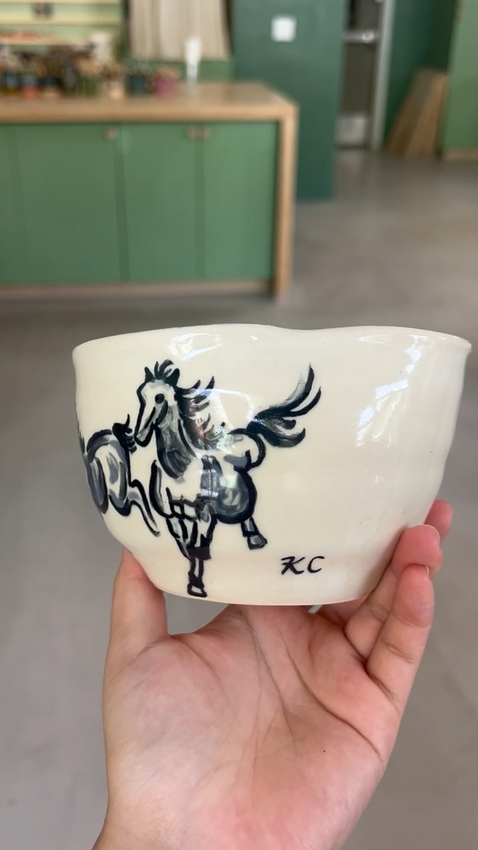 Glazed stoneware bowl, hand-painted horses