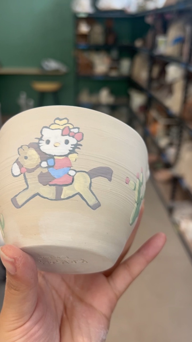 Bowl painted with Hello Kitty riding a pony